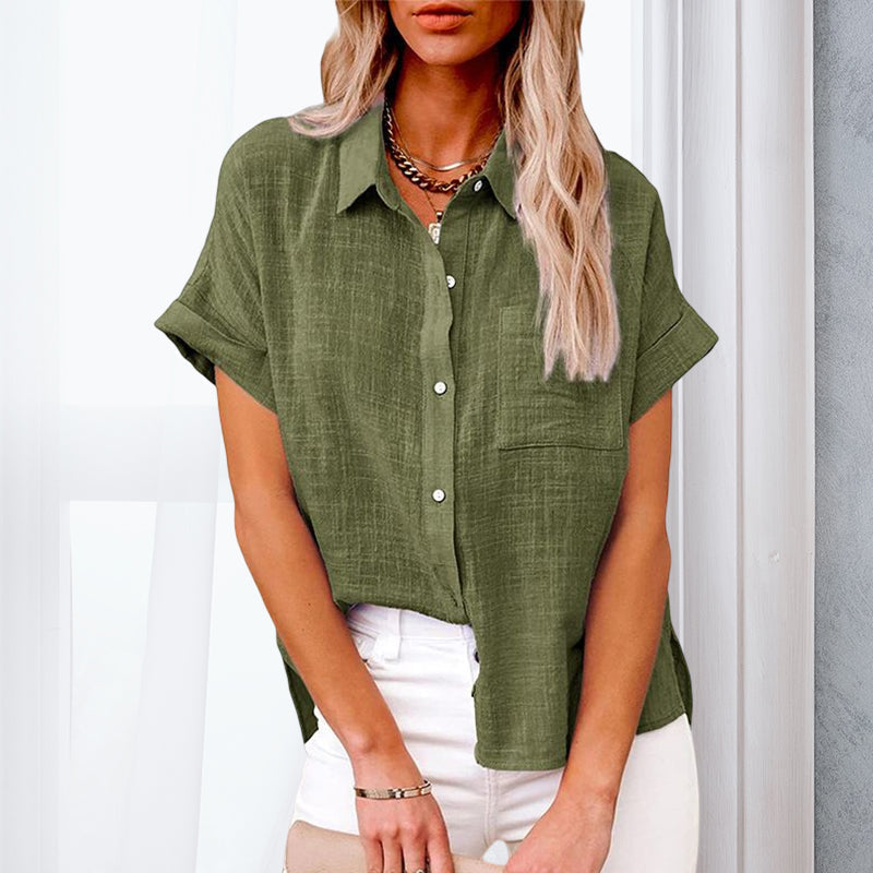 Women's Solid Color Pocket Short Sleeve Cotton Linen Shirt